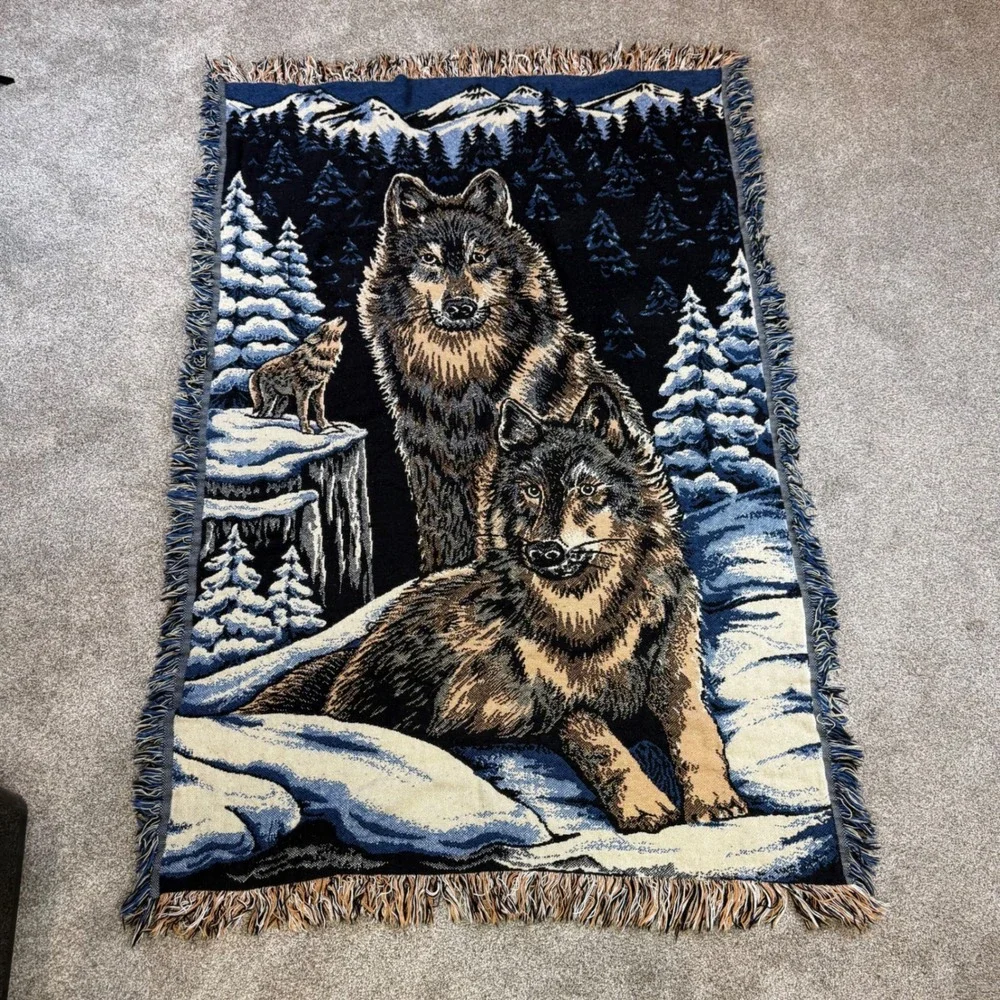 Fieldcrest Woven Wolf Throw Blanket 100% Cotton Fringed Tapestry 46x68 USA Made